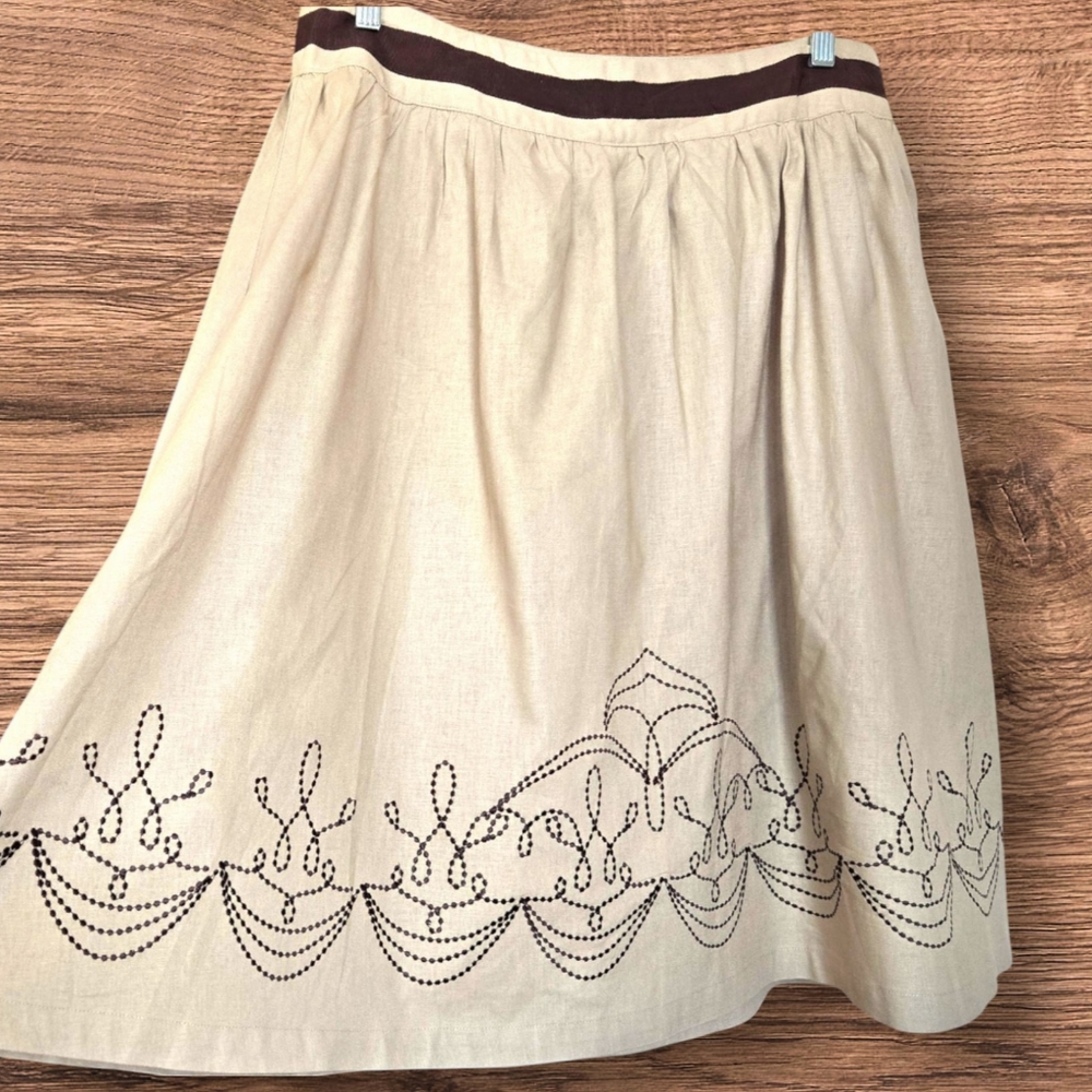 Linen Peasant Skirt Beige w Brown Embroidery Knee Length / Sz 12 - Picture 7 of 11